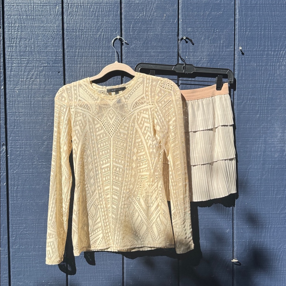 BCBGMaxAzria Cream Long Sleeve Top and Skirt Set